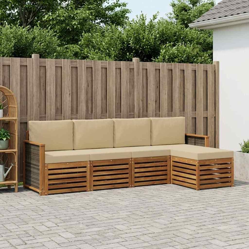 Udendørs sofagruppe i akacietræ med hynder, 5 dele - naturlig/beige