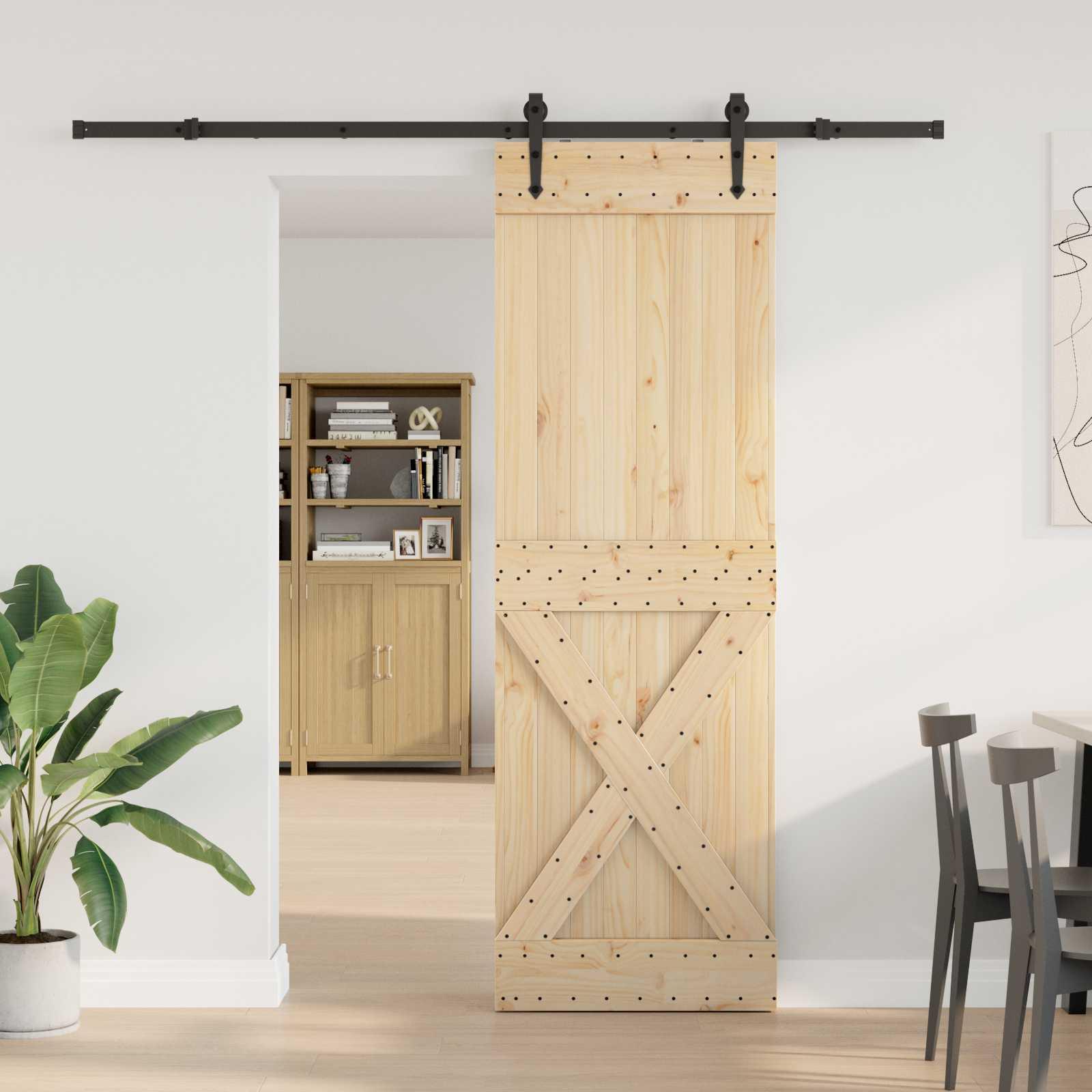 Skydedør NARVIK i fyrretræ - natur/sort 70 × 210 cm (skin­ne 213,5 cm)