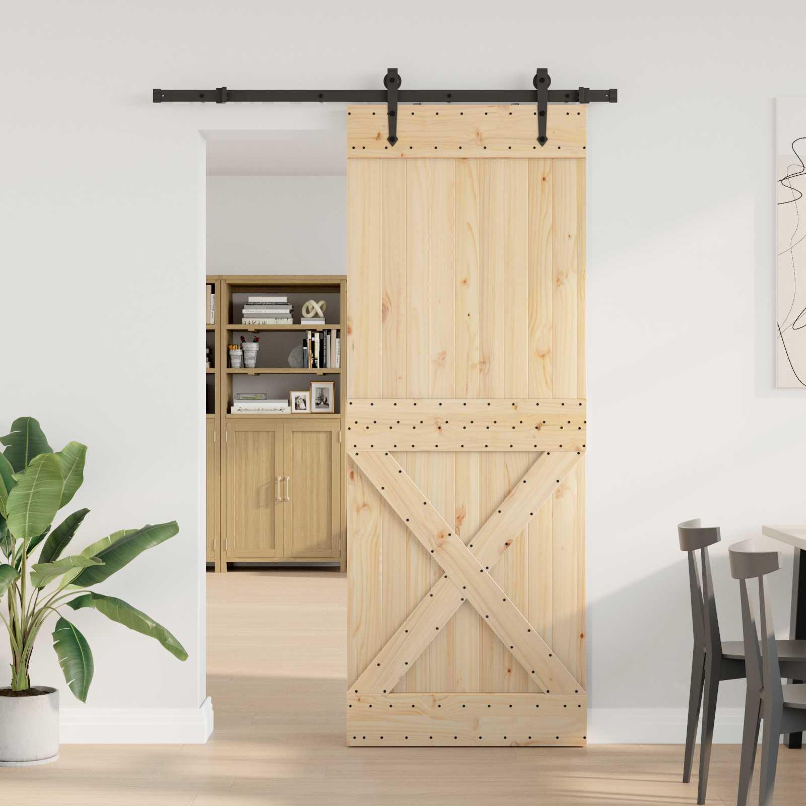 Skydedør NARVIK - naturfarvet fyrretræ med sort skinnesystem 85 × 210 cm (skin nelængde 152,5 cm)