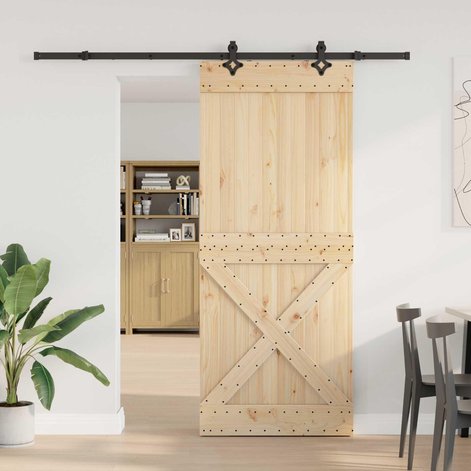 Skydedør Narvik - naturfarvet fyr/sort skinne 95 × 210 cm (skinne 213,5 cm)