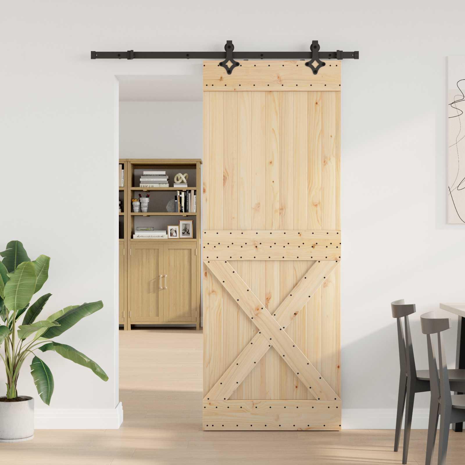 Skydedør i fyrretræ - natur/sort 85 × 210 cm med skinnesystem 152,5 cm (Narvik)
