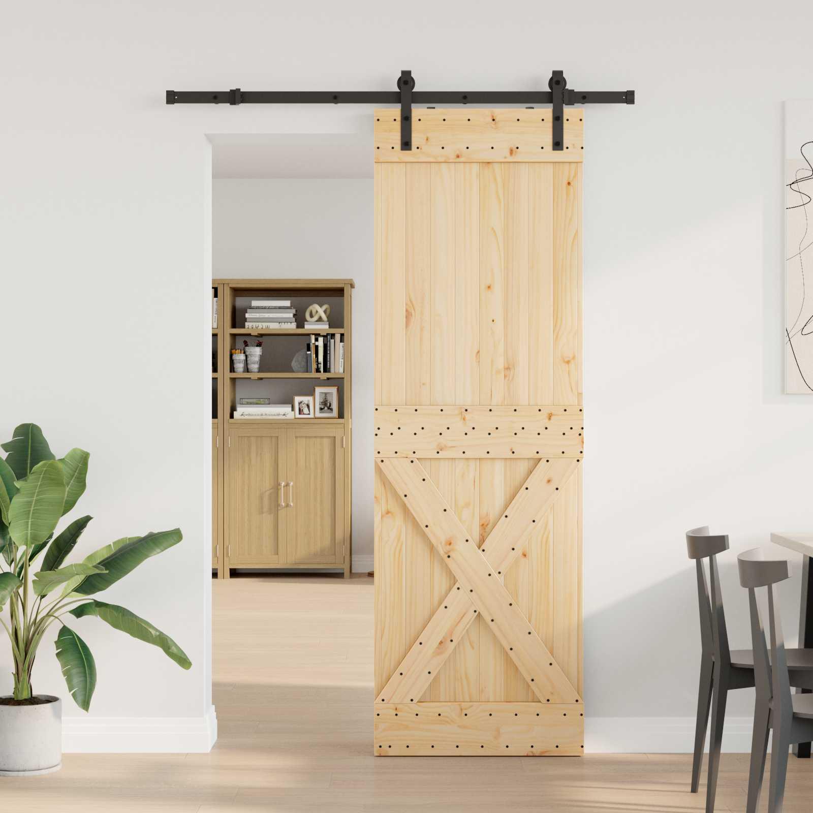 Skydedør NARVIK i fyrretræ - natur/sort 70 × 210 cm (skinne 152,5 cm)