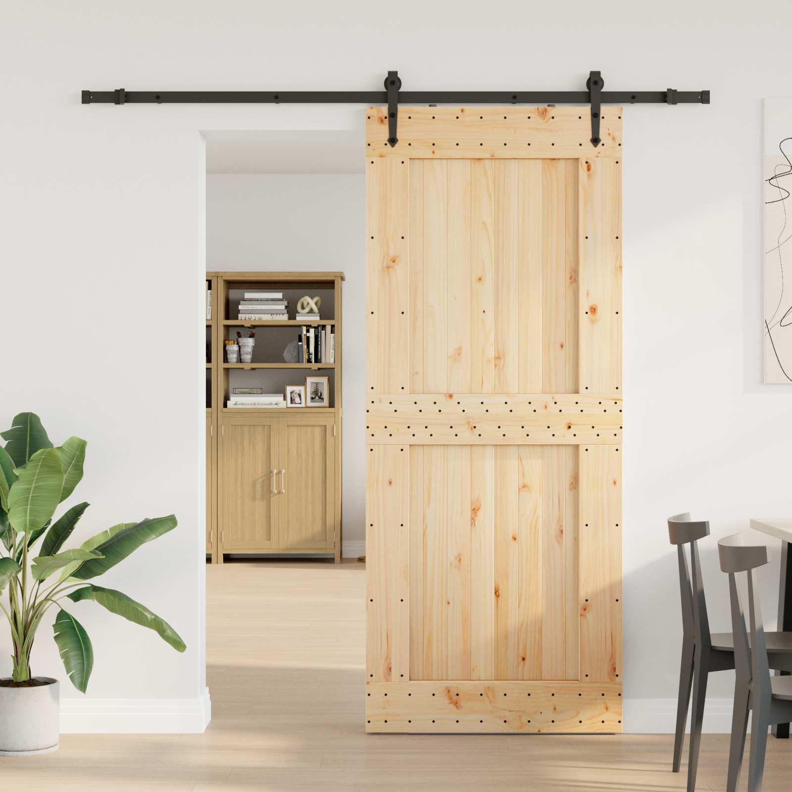 Skydedør i fyrretræ - natur/sort 95 × 210 cm med skinnesystem 213,5 cm