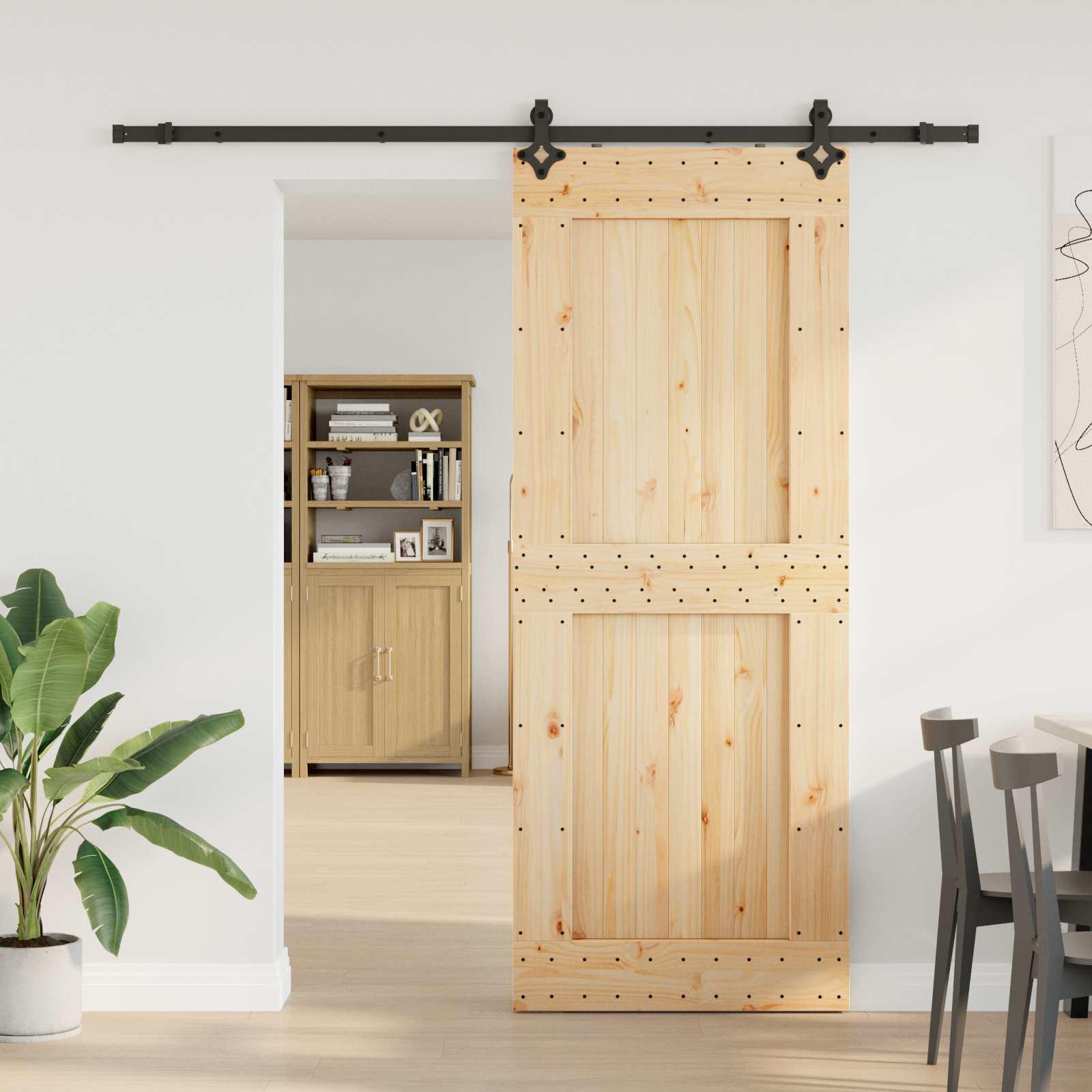 Skydedør NARVIK i fyrretræ - natur/sort 90 × 210 cm (skinne 213,5 cm)