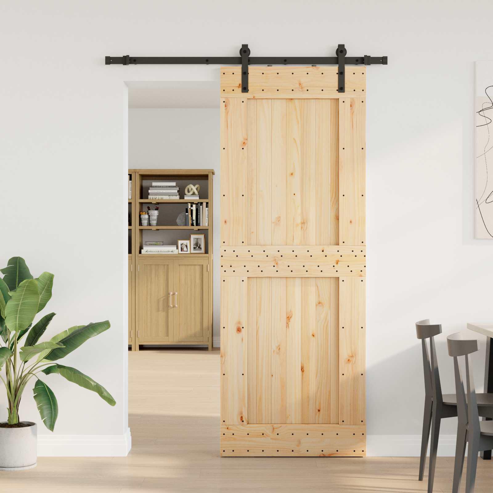 Skydedør NARVIK - naturfarvet fyrretræ med sort skinne 85 × 210 cm (skinne 152,5 cm)