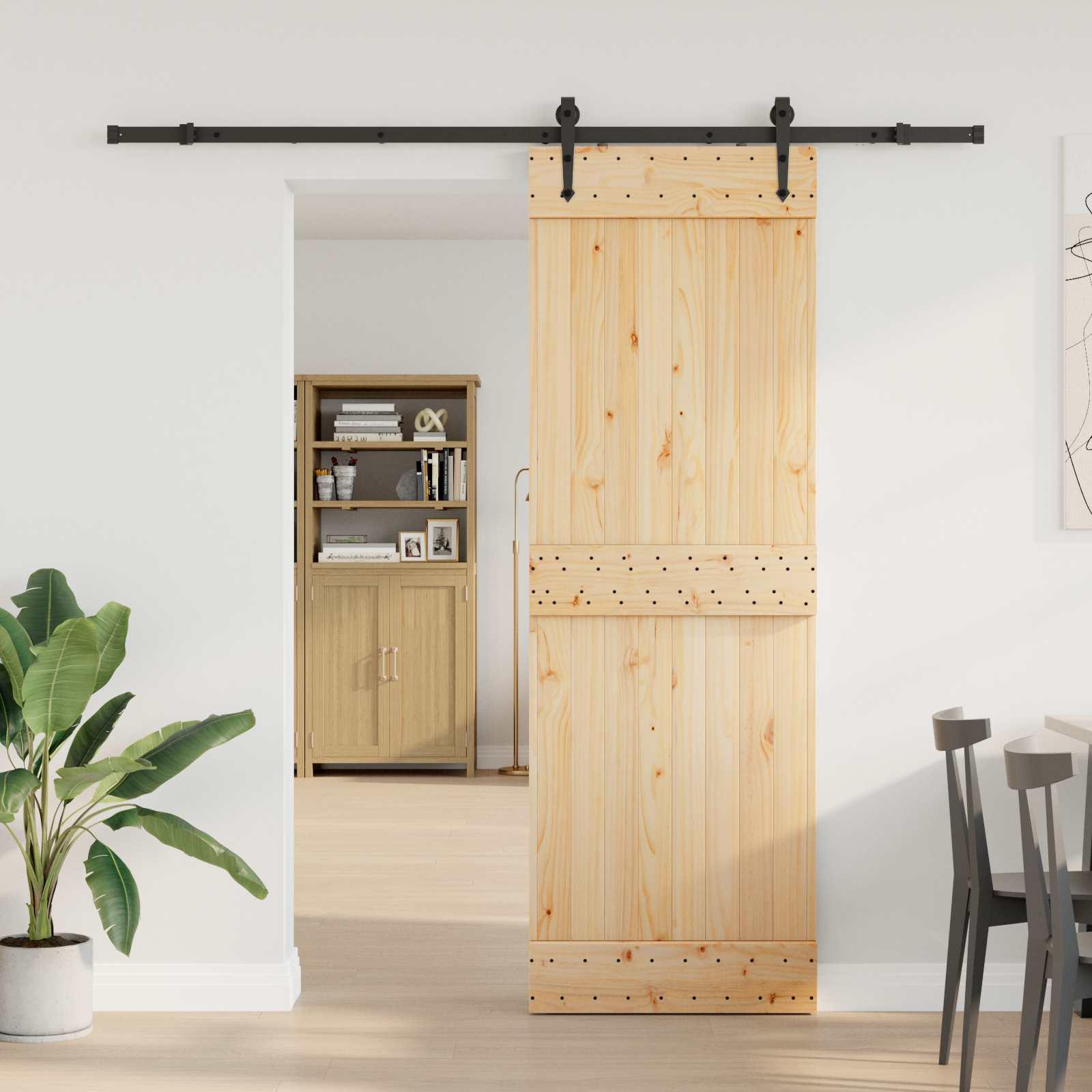 Skydedør NARVIK i fyrretræ - natur/sort 70 × 210 cm (skinnekit 213,5 cm)