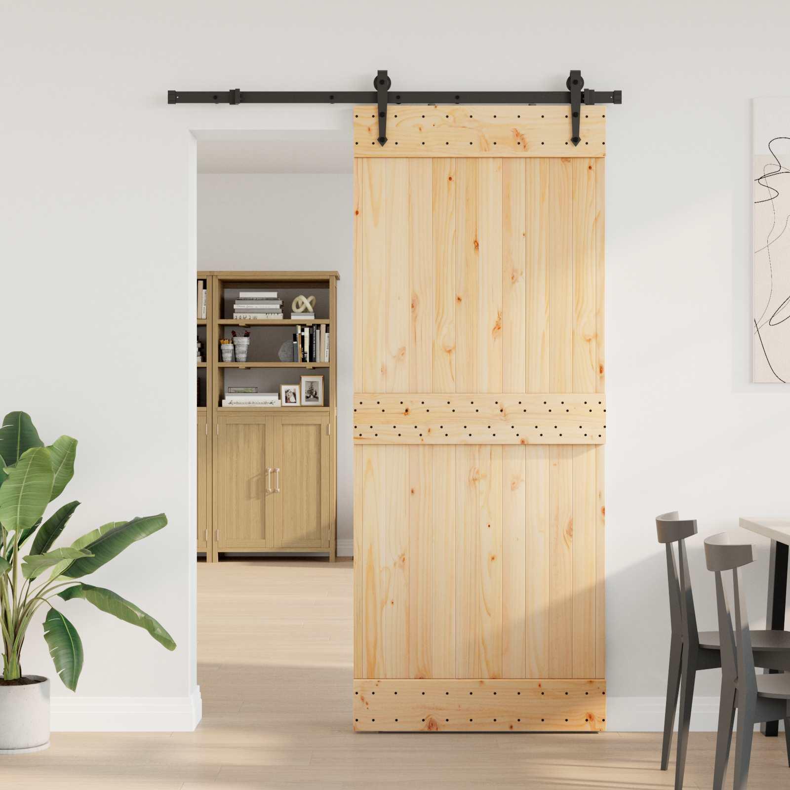 Skydedør NARVIK - naturfarvet fyrretræ med sort skinne 85 × 210 cm (skinne 152,5 cm)