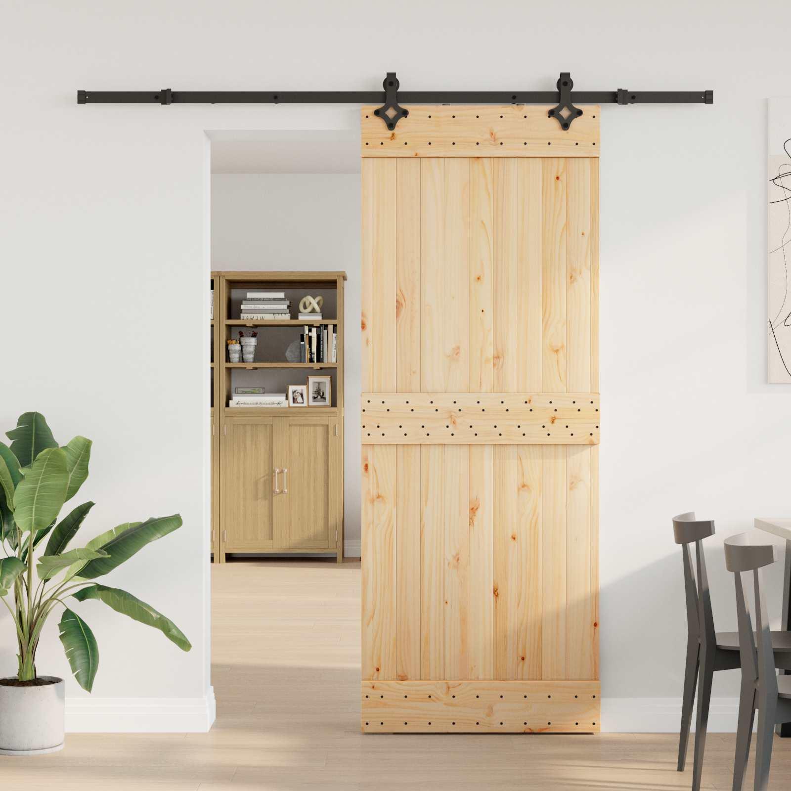 Skydedør NARVIK - naturfarvet fyrretræ med sort skinnesystem 80 × 210 cm (213,5 cm)