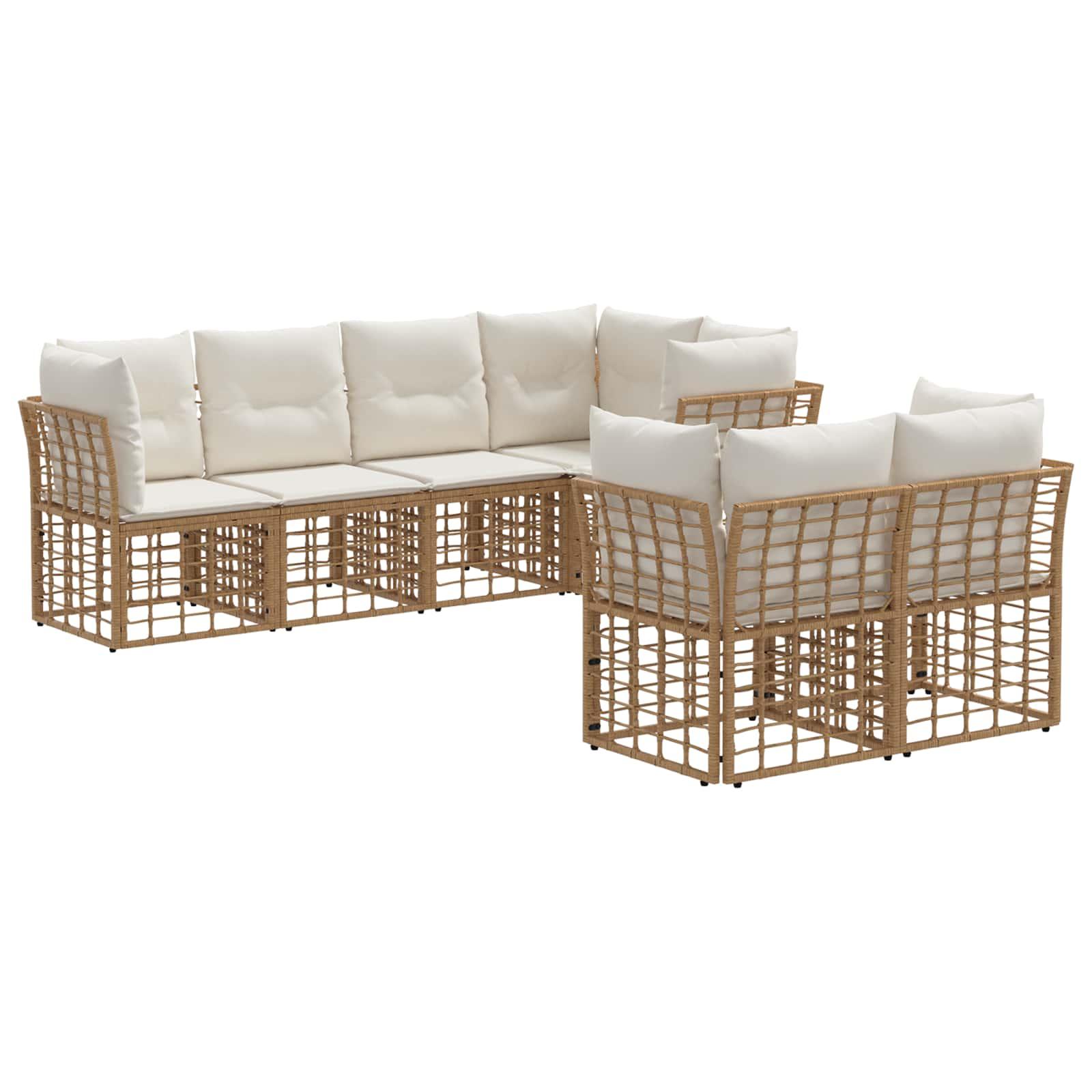 Udendørs sofagruppe i poly rattan med puder - 7 pladser, naturfarvet polyester