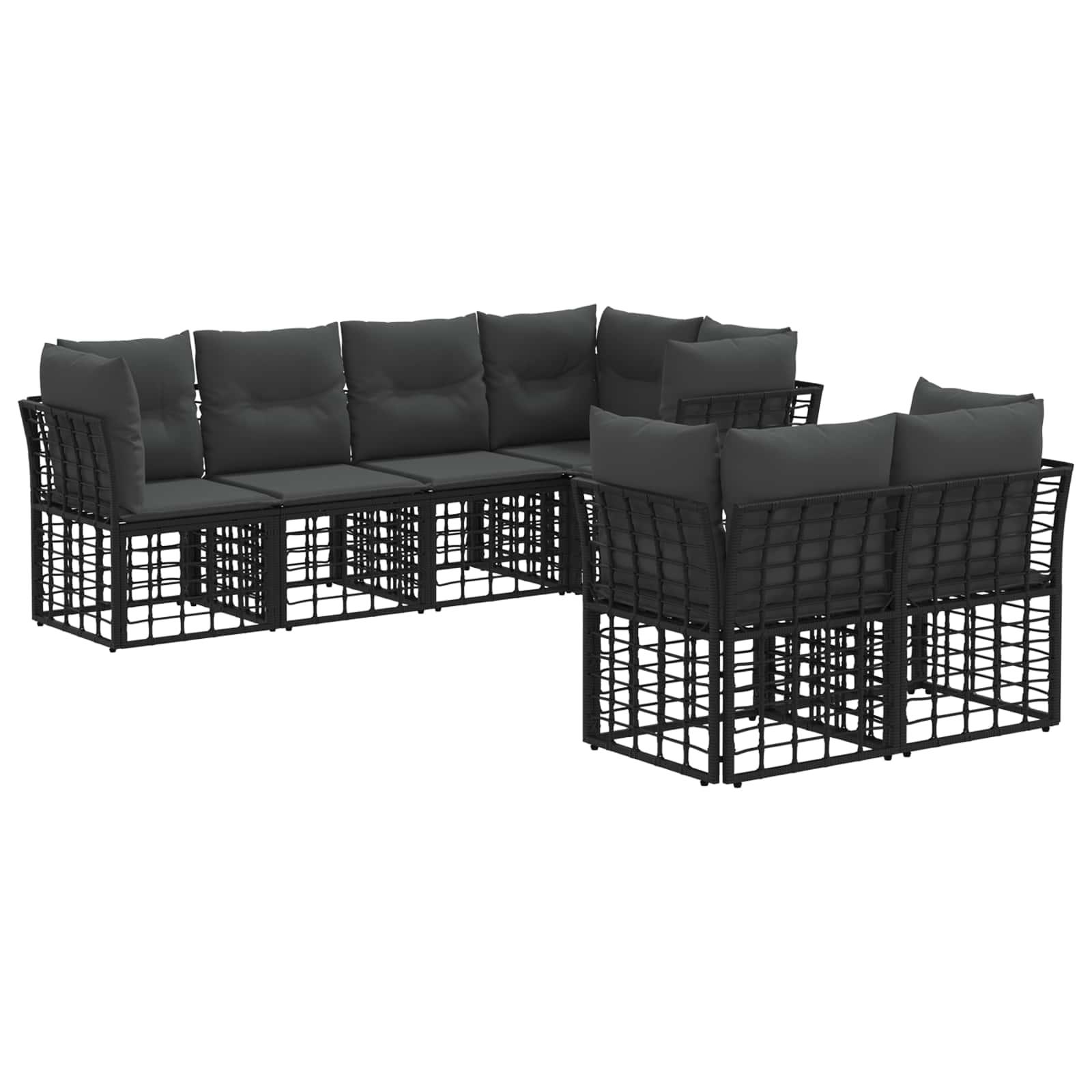Udendørs sofagruppe med puder - 7 pers., sort polyester, modulært rattan-look