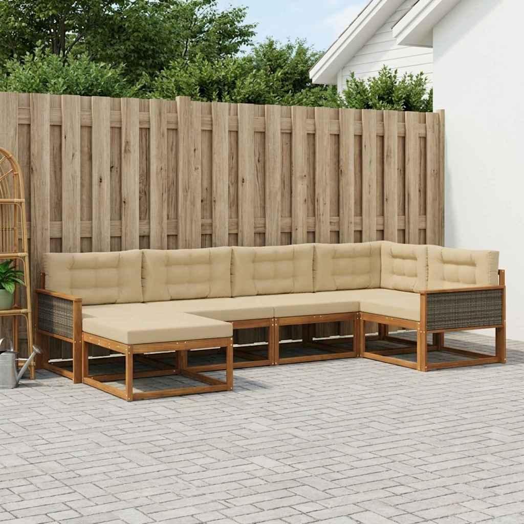 Udendørs Sofagruppe 6 Dele Massivt Akacietræ - Naturlig og beige / Grå rattan