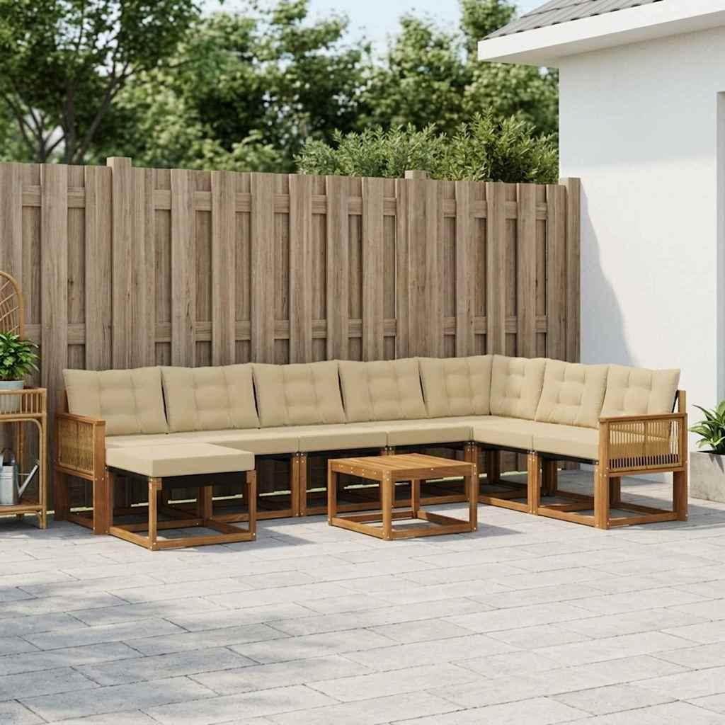 Udendørs sofagruppe i akacietræ - 9 dele, naturlig/beige, modulært loungesæt