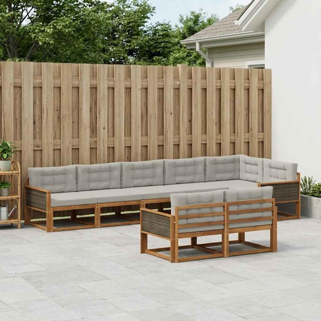 Udendørs sofagruppe i akacietræ - 8-pers. modulsofa, naturlig/lys grå