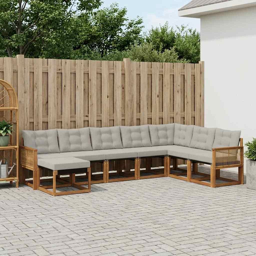 Udendørs sofagruppe - 8-personers modulsofa i massiv akacietræ, natur/lysegrå