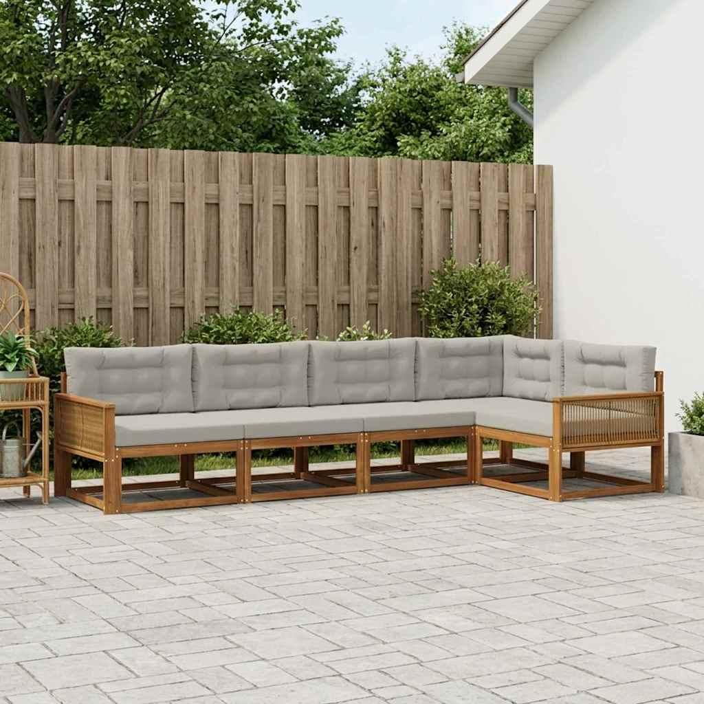 Udendørs sofagruppe i akacietræ - 5-pers. modulsofa, naturlig/lys grå