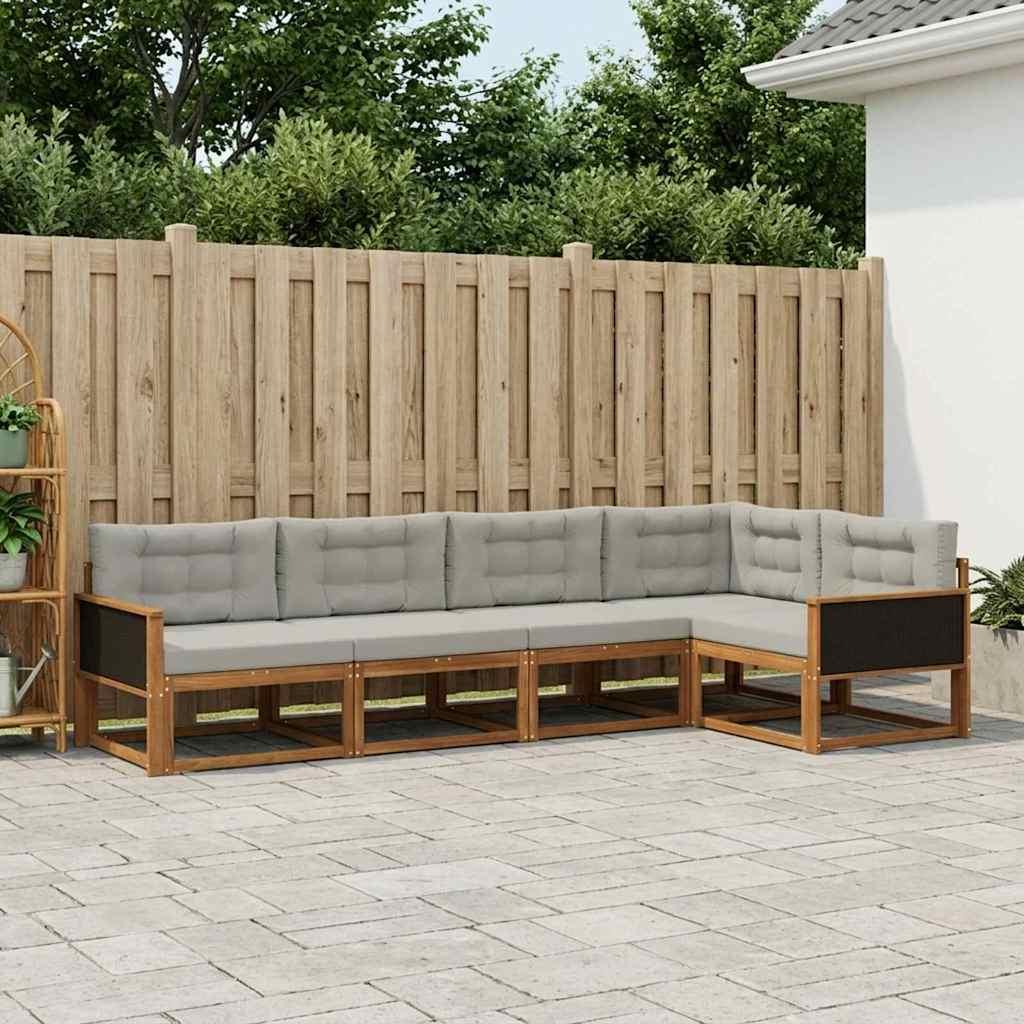 Udendørs sofagruppe i akacietræ - 5-pers. modulsofa, naturlig/lys grå