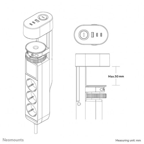 Neomounts DS22-840BL6 bordstik med klemme - 3x Schuko, 2x USB‑C, 2x USB‑A, hurtigopladning