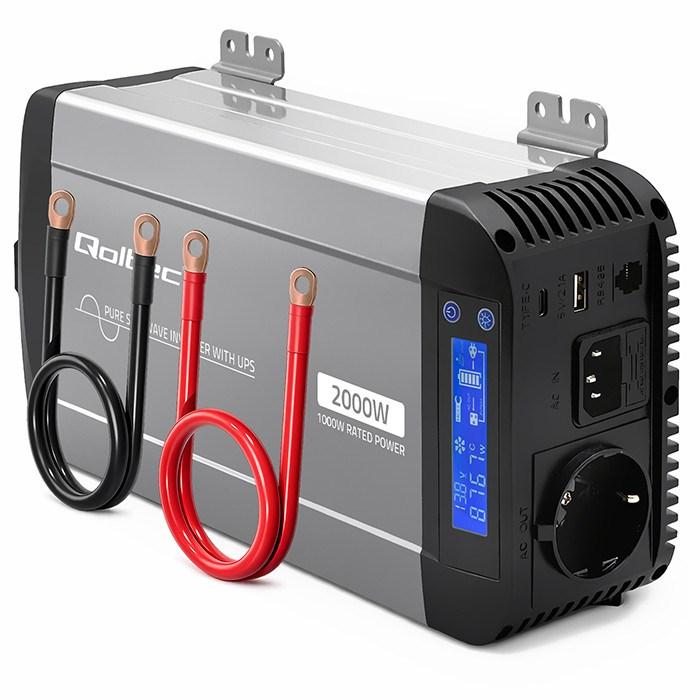 Qoltec Pure Sine Wave inverter med UPS - 12V til 230V, 1000/2000 W, LCD, USB & USB‑C - kompatibel med LiFePO4, GEL og AGM