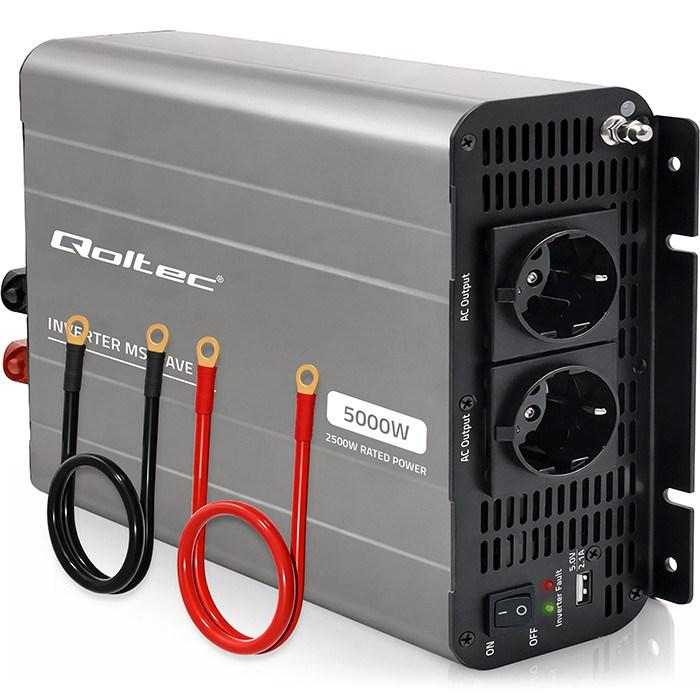 Qoltec inverter MS Wave - 12 V til 230 V, 2500/5000 W, USB, kompatibel med LiFePO4/GEL/AGM