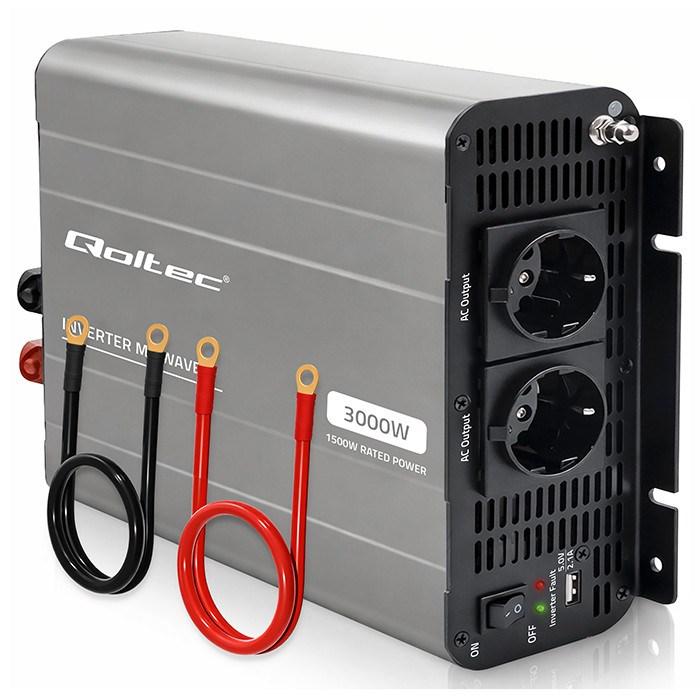 Qoltec spændingsomformer MS Wave - 12V til 230V, 1500/3000 W, USB, kompatibel med LiFePO4/GEL/AGM