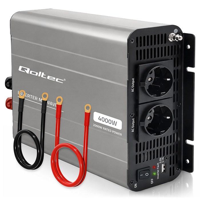 Qoltec inverter - MS Wave 12V til 230V, 2000/4000 W med USB - kompatibel med LiFePO4, GEL, AGM