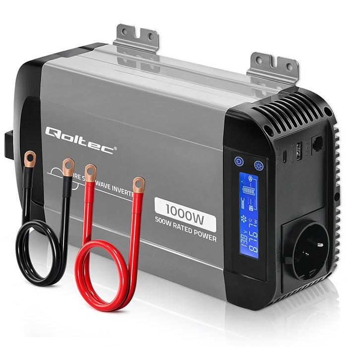 Qoltec Pure Sine Wave spændingsomformer 12V til 230V - 500/1000 W med LCD, USB og USB‑C - kompatibel med LiFePO4, GEL, AGM