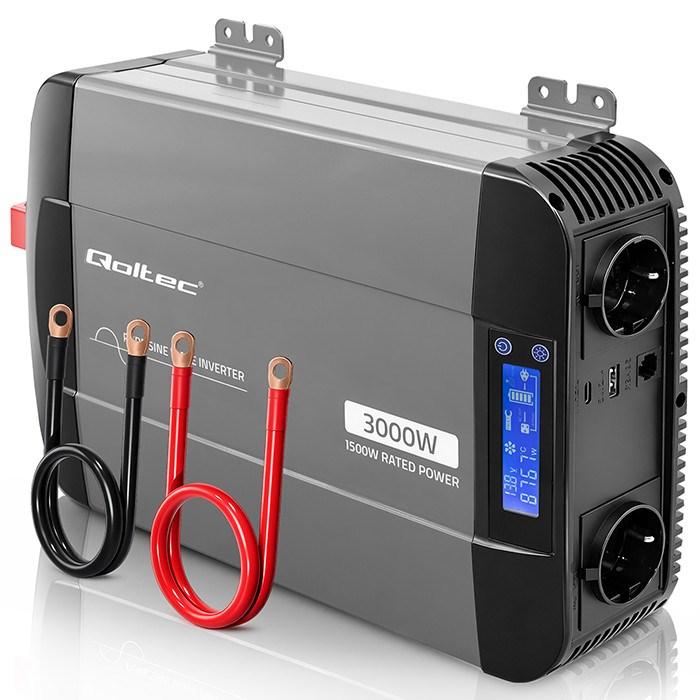 Qoltec Pure Sine Wave spændingsomformer 12V til 230V - 1500/3000 W, LCD, USB & USB-C, kompatibel med LiFePO4/GEL/AGM