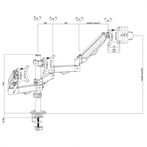 Maclean MC-137 skærmholder til 3 skærme, gasfjeder, 17-27", 2-8 kg - sort
