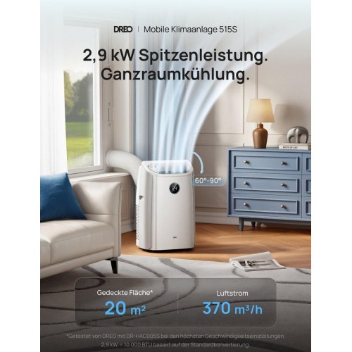 Dreo 515S mobil aircondition - 10.000 BTU, 1,5 l, 65 dB, 3.500 W - hvid
