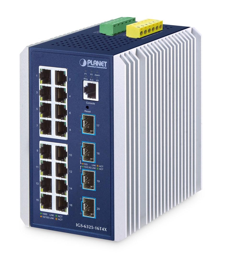 PLANET IGS-6325-16T4X industriel L3 managed switch - 16x Gigabit RJ-45 + 4x SFP+, IP30, blå/aluminium billede