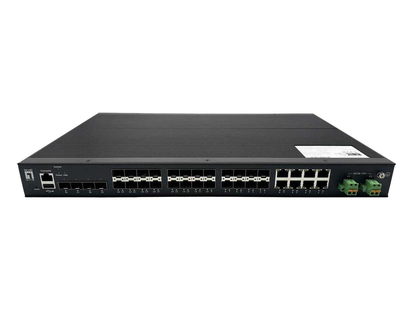 LevelOne 28-port L2+ administrerbar Gigabit fiber industrial switch - 4× 1,25/2,5 GbE SFP, 16× 1,25 GbE SFP, 8× Gigabit SFP/RJ45 combo, redundant strøm, -40°C til 80°C billede