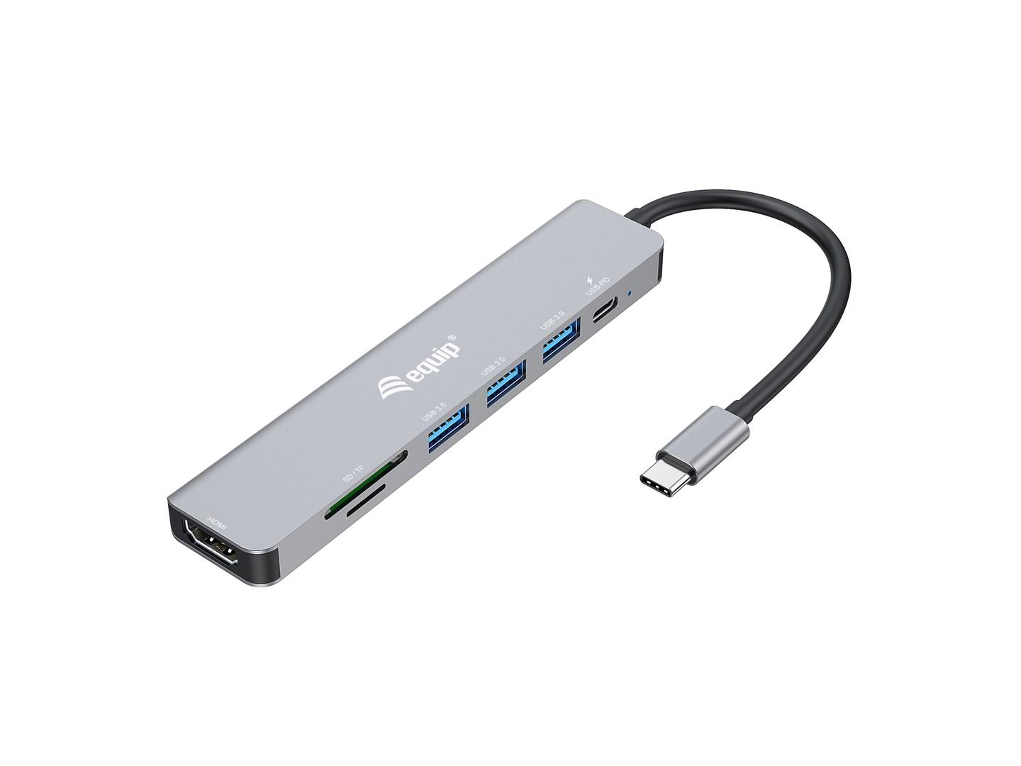 Equip USB-C 7-i-1 multifunktionel adapter - HDMI 4K/60 Hz, 3x USB 3.2 Gen1, TF/SD, 100 W USB PD