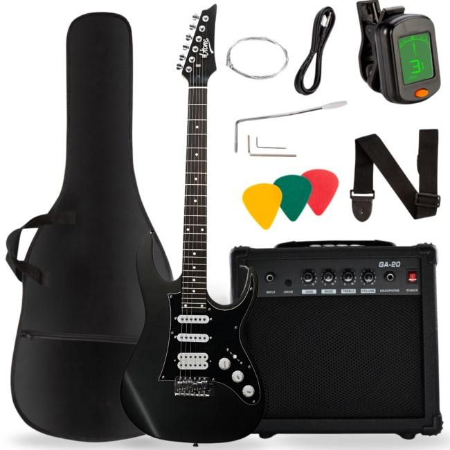EGA 39 MBK elektrisk guitar 4/4 strat-stil - sæt med forstærker og tilbehør