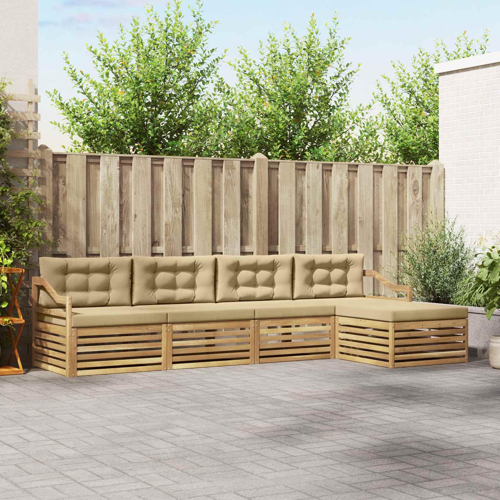 Udendørs sofagruppe med pude 5 stk Hvid og Beige Polyester