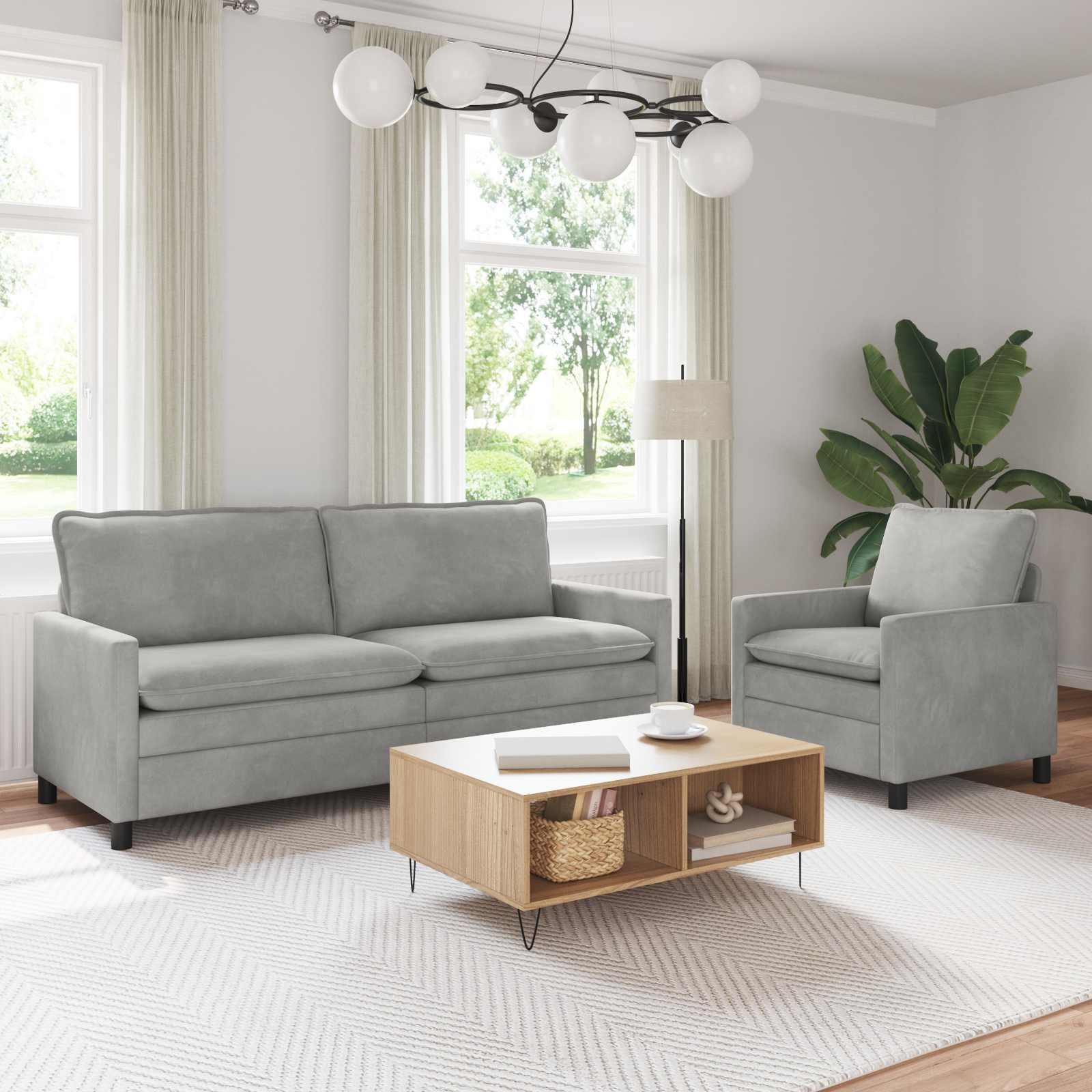 Sofa Sæt 2 stk Lysegrå Fløjl