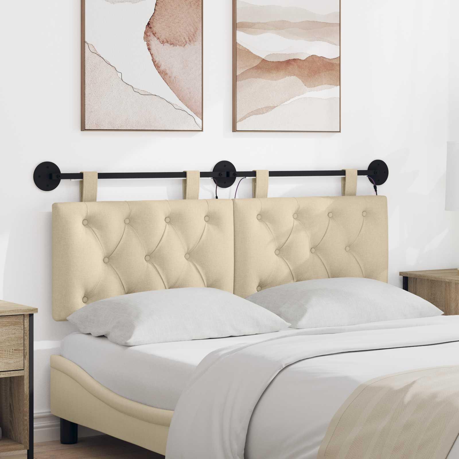 Hængende sengegavl med LED-lys - cremefarvet stof, 150 × 55 cm