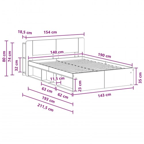 Sengestel med opbevaring 140 x 190 cm - betongrå