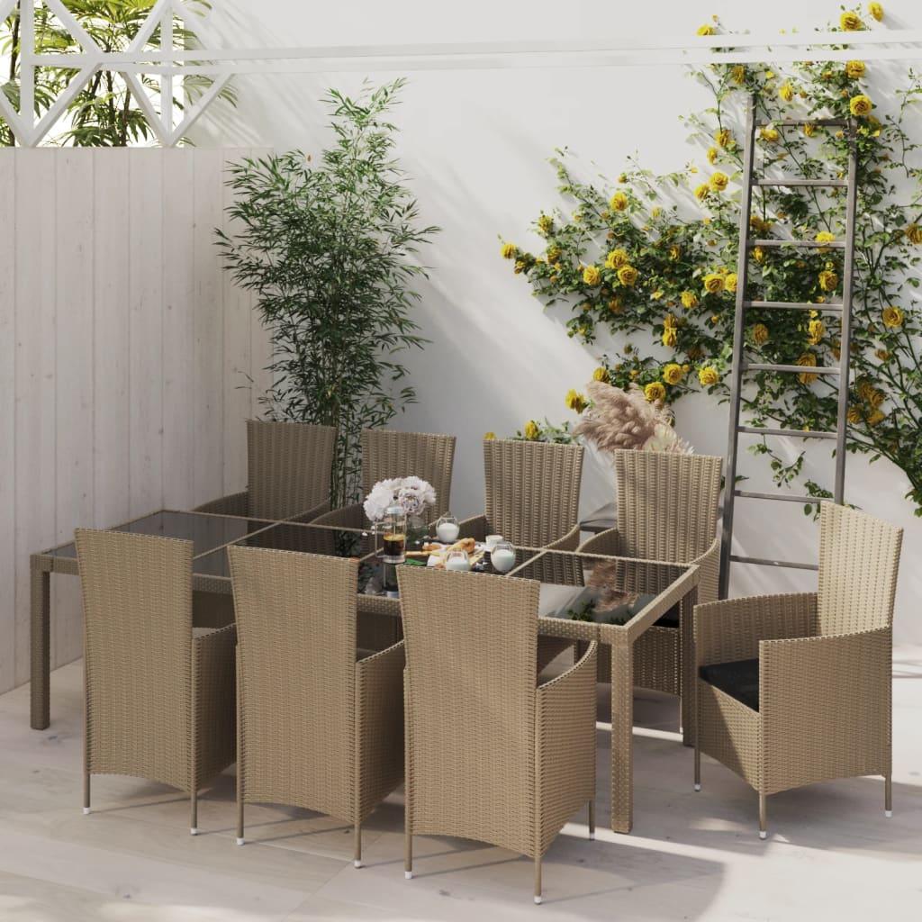 Udendørs spisebordssæt 11 dele med hynder polyrattan beige