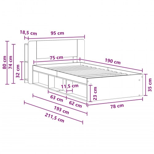 Sengestel med opbevaring - sonoma-eg, 75 x 190 cm
