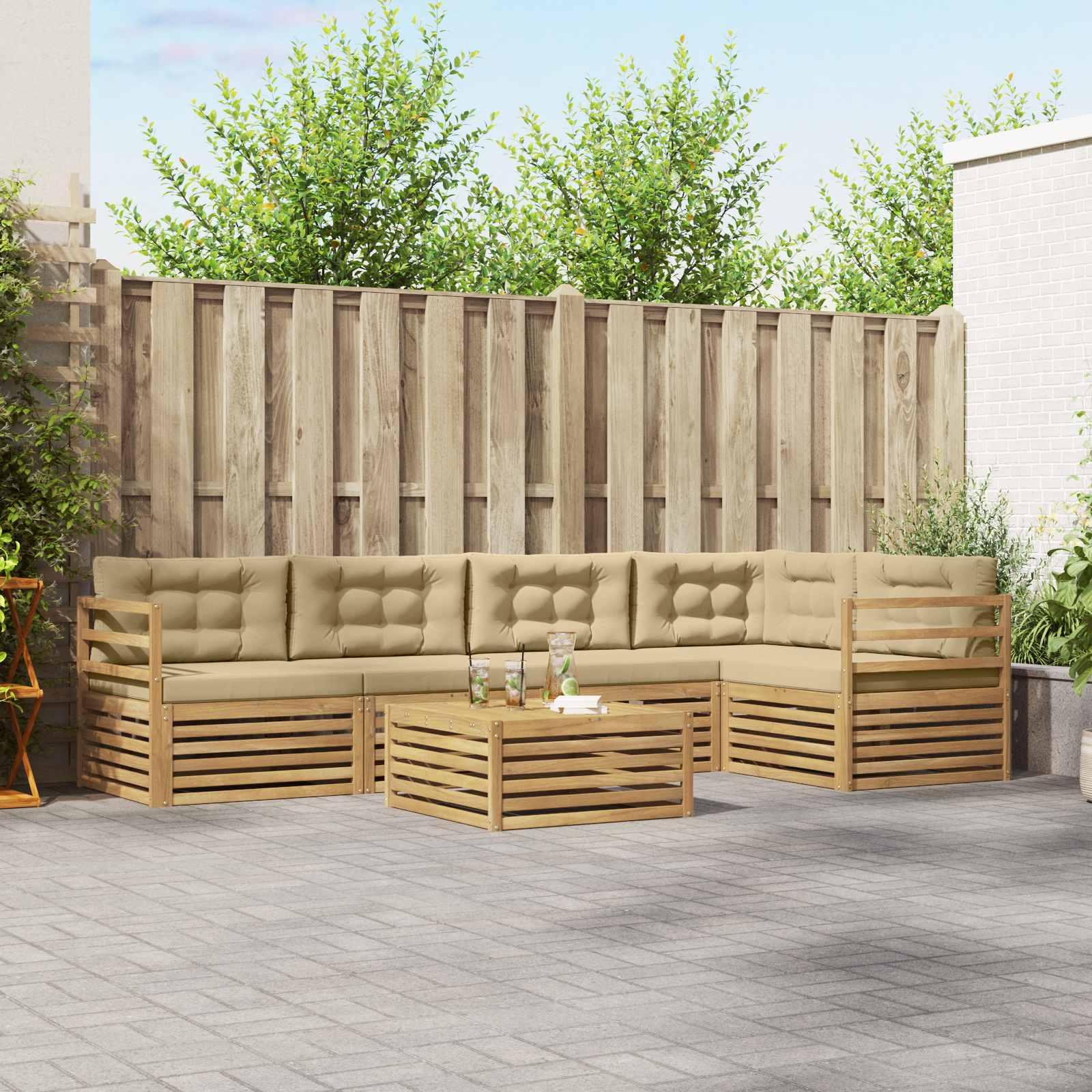 Udendørs sofagruppe i akacietræ - hvid/beige, modulopbygget loungesæt med puder (6 dele)