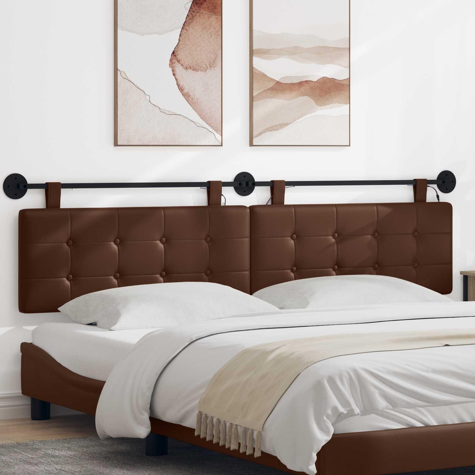 Hængende sengegavl med LED-lys - brun kunstlæder, 210 × 55 cm