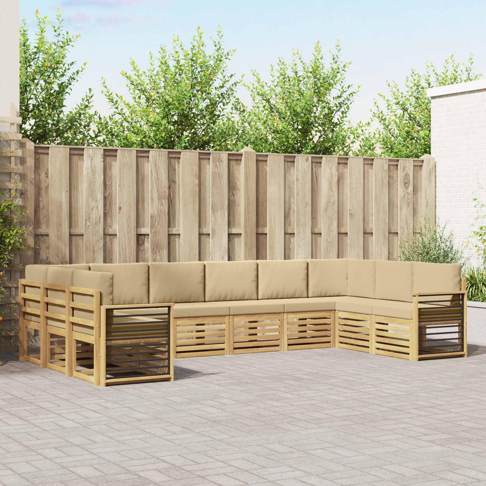Sektionalsofa loungesæt i akacietræ - hvid/beige, 10 personer, 363 × 187,5 × 73 cm