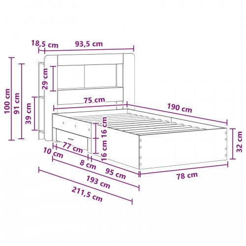 Sengestel med opbevaring 75 x 190 cm - betongrå