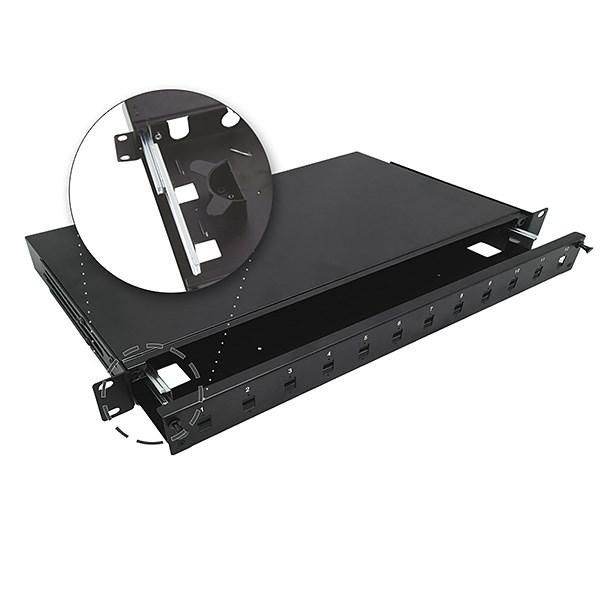 A-LAN FOP-1U-12SCS-C-P - 19" 1U teleskopisk fiberpatchpanel, 12×SC simplex / 12×LC duplex