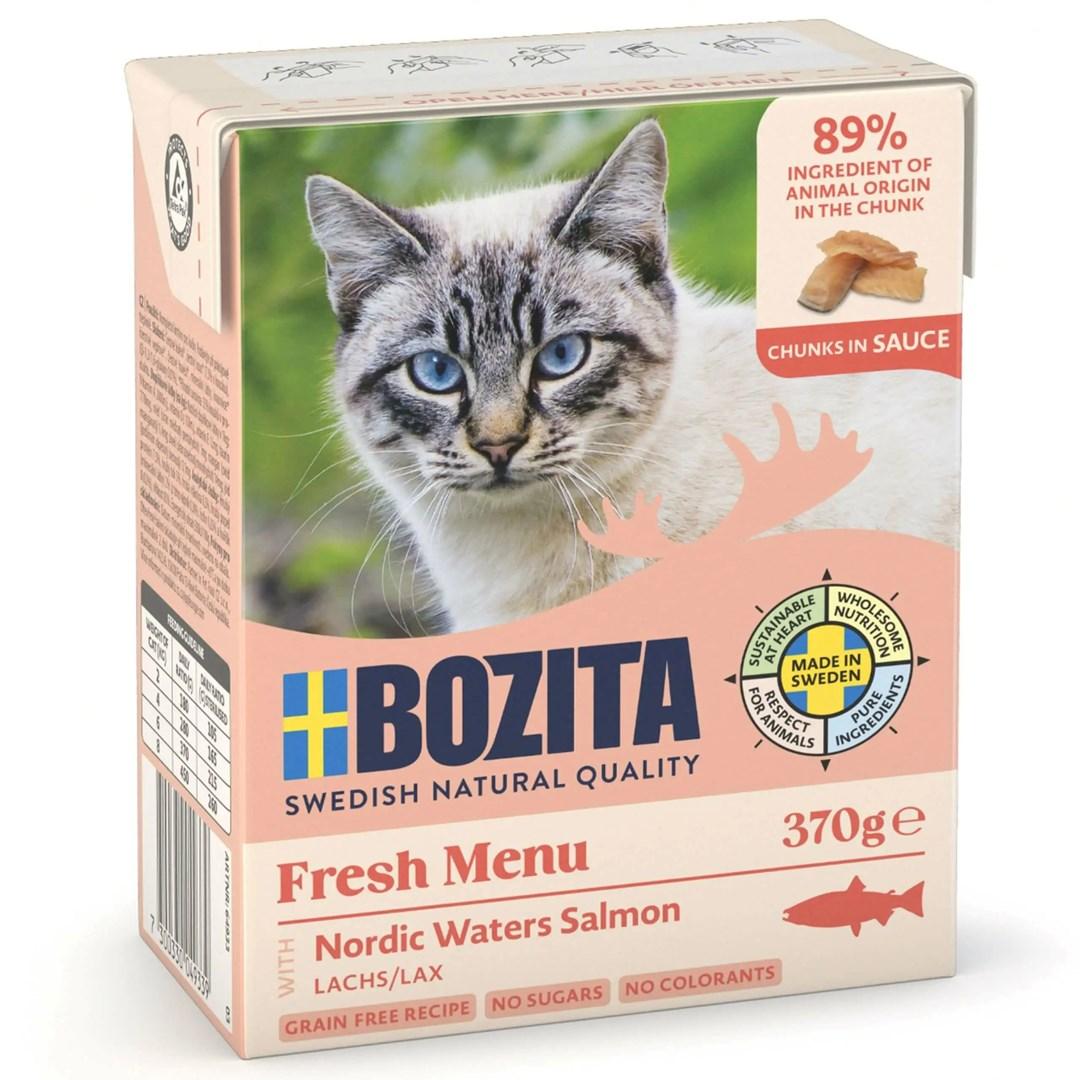 Bozita Fresh Menu vådfoder til kat - kødstykker med laks i sauce, 370 g billede
