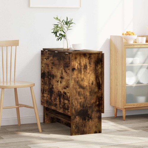 Spisebord 138 × 70 × 73,5 cm i konstrueret træ - røget eg, udvideligt med klap og hylde