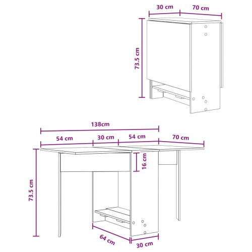 Spisebord 138 × 70 × 73,5 cm i konstrueret træ - røget eg, udvideligt med klap og hylde