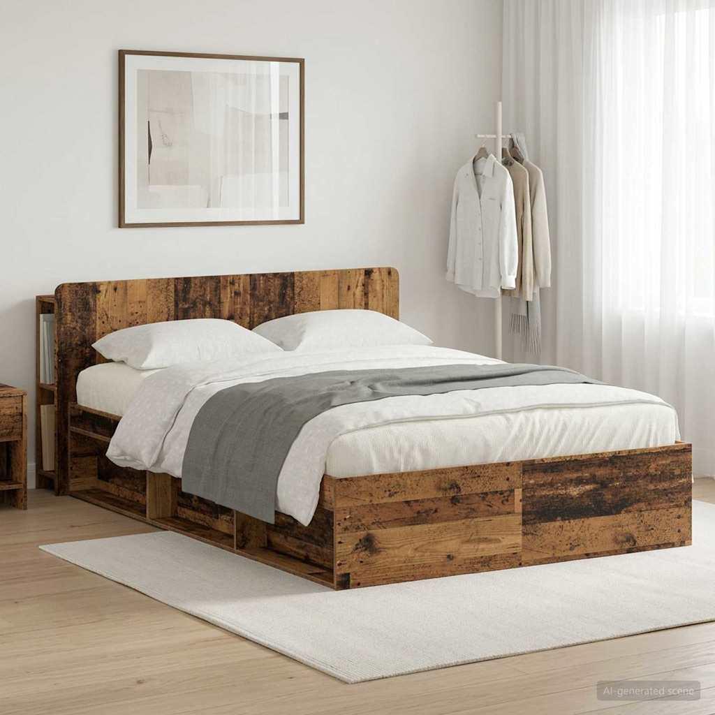 Sengestel med opbevaring - gammelt træ look 140 x 190 cm