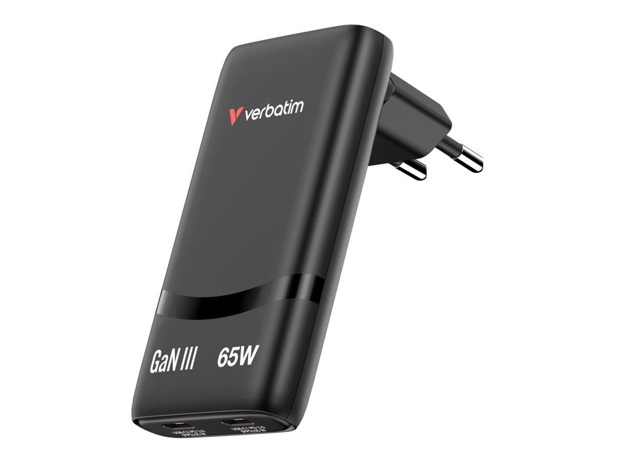 Verbatim Fold ’n’ Go GaN oplader 65 W med 2× USB-C - sort