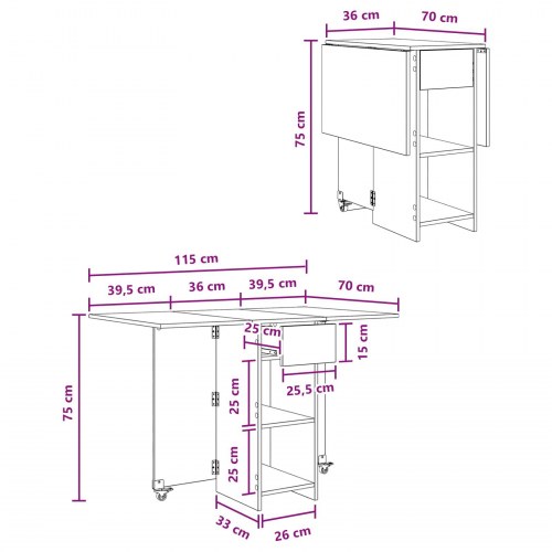 Spisebord med foldbar bordplade 115 x 70 x 75 cm - hvid